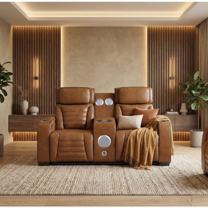 8344BRW-2PWHM Power Double Reclining Love Seat with Center Console, Power Headrests, Storage Arms(Top and Side) ,Cup Holders, Wireless Speakers with Sub-Woofer, Air Massage, Heat, LED Lighting and Charging Ports - 8344BRW-2PWHM