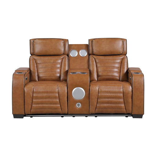 8344BRW-2PWHM Power Double Reclining Love Seat with Center Console, Power Headrests, Storage Arms(Top and Side) ,Cup Holders, Wireless Speakers with Sub-Woofer, Air Massage, Heat, LED Lighting and Charging Ports - 8344BRW-2PWHM