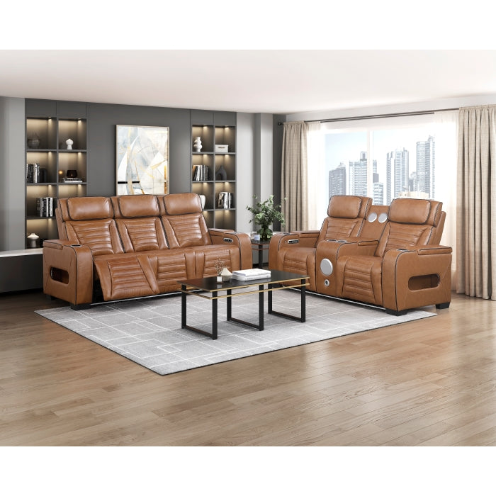 8344BRW-2PWHM Power Double Reclining Love Seat with Center Console, Power Headrests, Storage Arms(Top and Side) ,Cup Holders, Wireless Speakers with Sub-Woofer, Air Massage, Heat, LED Lighting and Charging Ports - 8344BRW-2PWHM