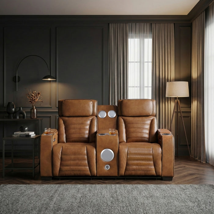 8344BRW-2PWHM Power Double Reclining Love Seat with Center Console, Power Headrests, Storage Arms(Top and Side) ,Cup Holders, Wireless Speakers with Sub-Woofer, Air Massage, Heat, LED Lighting and Charging Ports - 8344BRW-2PWHM