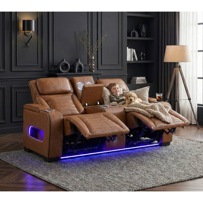 8344BRW-2PWHM Power Double Reclining Love Seat with Center Console, Power Headrests, Storage Arms(Top and Side) ,Cup Holders, Wireless Speakers with Sub-Woofer, Air Massage, Heat, LED Lighting and Charging Ports - 8344BRW-2PWHM
