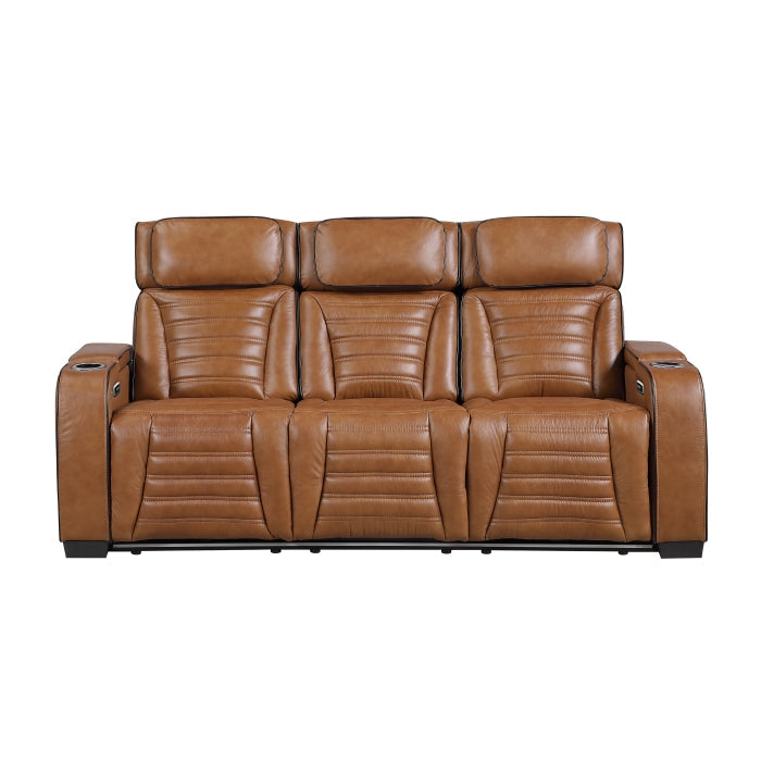 8344BRW-3PWHM Power Double Reclining Sofa with Center Drop-Down Cup Holders, Power Headrests,  Storage Arms(Top and Side) ,Cup holders, Reading Lights, Wireless Charger, Air Massage, Heat,  LED Lighting and Charging Ports - 8344BRW-3PWHM