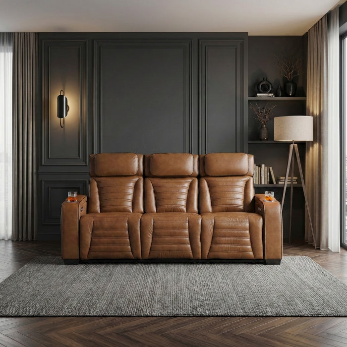 8344BRW-3PWHM Power Double Reclining Sofa with Center Drop-Down Cup Holders, Power Headrests,  Storage Arms(Top and Side) ,Cup holders, Reading Lights, Wireless Charger, Air Massage, Heat,  LED Lighting and Charging Ports - 8344BRW-3PWHM