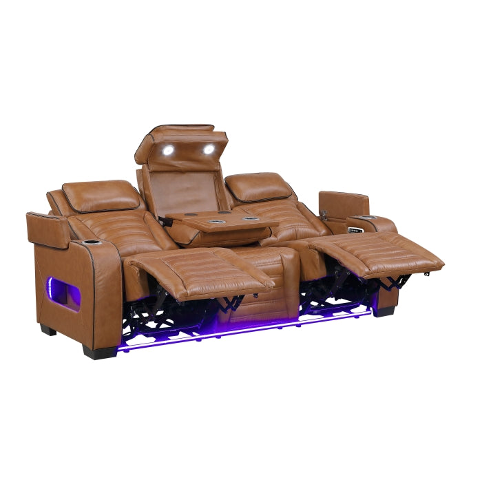8344BRW-3PWHM Power Double Reclining Sofa with Center Drop-Down Cup Holders, Power Headrests,  Storage Arms(Top and Side) ,Cup holders, Reading Lights, Wireless Charger, Air Massage, Heat,  LED Lighting and Charging Ports - 8344BRW-3PWHM