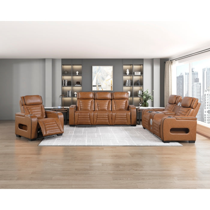 8344BRW-3PWHM Power Double Reclining Sofa with Center Drop-Down Cup Holders, Power Headrests,  Storage Arms(Top and Side) ,Cup holders, Reading Lights, Wireless Charger, Air Massage, Heat,  LED Lighting and Charging Ports - 8344BRW-3PWHM