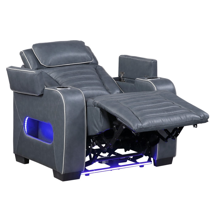8344BUE-1PWHM Power Reclining Chair with Power Headrest, Cup holder, Storage Arms(Top and Side), Air Massage, Heat, LED Lighting and Charging Ports - 8344BUE-1PWHM