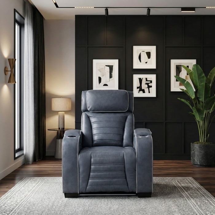 8344BUE-1PWHM Power Reclining Chair with Power Headrest, Cup holder, Storage Arms(Top and Side), Air Massage, Heat, LED Lighting and Charging Ports - 8344BUE-1PWHM