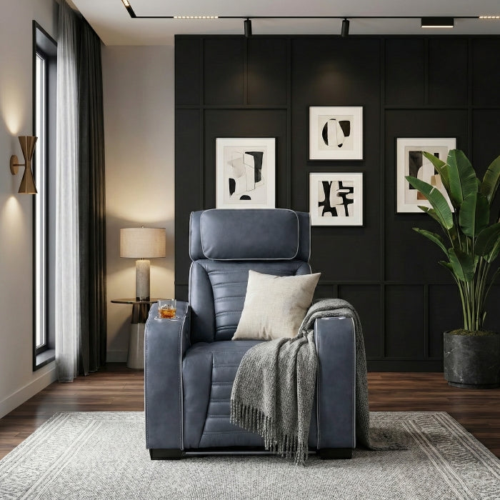 8344BUE-1PWHM Power Reclining Chair with Power Headrest, Cup holder, Storage Arms(Top and Side), Air Massage, Heat, LED Lighting and Charging Ports - 8344BUE-1PWHM