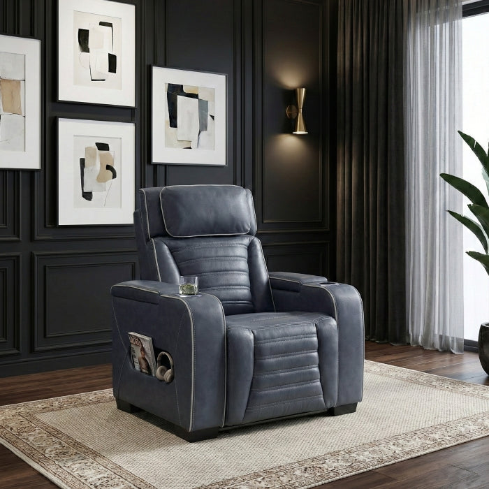 8344BUE-1PWHM Power Reclining Chair with Power Headrest, Cup holder, Storage Arms(Top and Side), Air Massage, Heat, LED Lighting and Charging Ports - 8344BUE-1PWHM