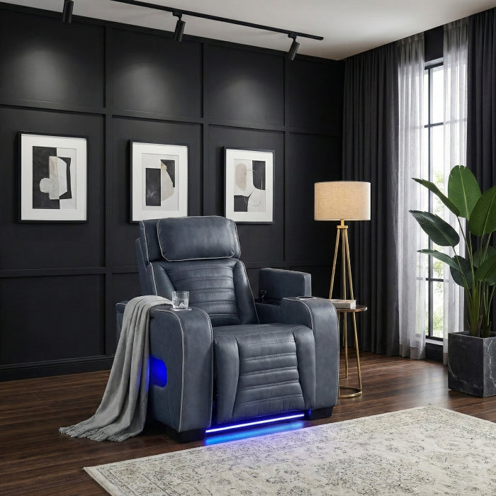 8344BUE-1PWHM Power Reclining Chair with Power Headrest, Cup holder, Storage Arms(Top and Side), Air Massage, Heat, LED Lighting and Charging Ports - 8344BUE-1PWHM