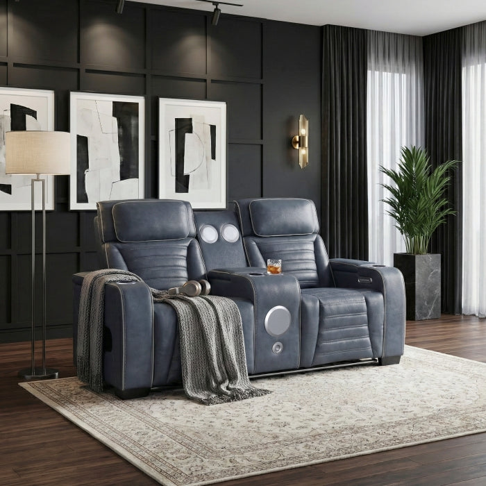 8344BUE-2PWHM Power Double Reclining Love Seat with Center Console, Power Headrests, Storage Arms(Top and Side) ,Cup Holders, Wireless Speakers with Sub-Woofer, Air Massage, Heat, LED Lighting and Charging Ports - 8344BUE-2PWHM