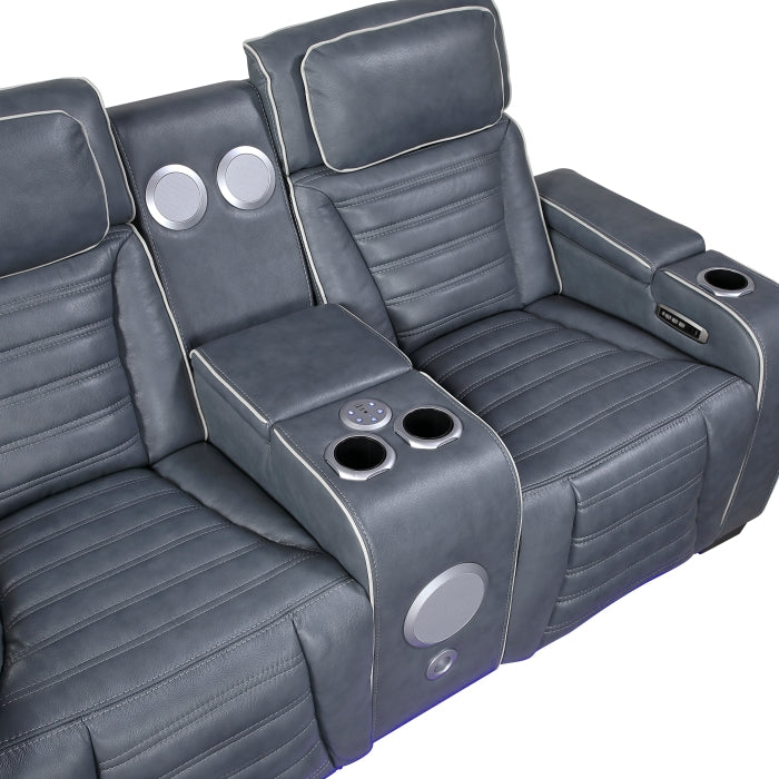 8344BUE-2PWHM Power Double Reclining Love Seat with Center Console, Power Headrests, Storage Arms(Top and Side) ,Cup Holders, Wireless Speakers with Sub-Woofer, Air Massage, Heat, LED Lighting and Charging Ports - 8344BUE-2PWHM