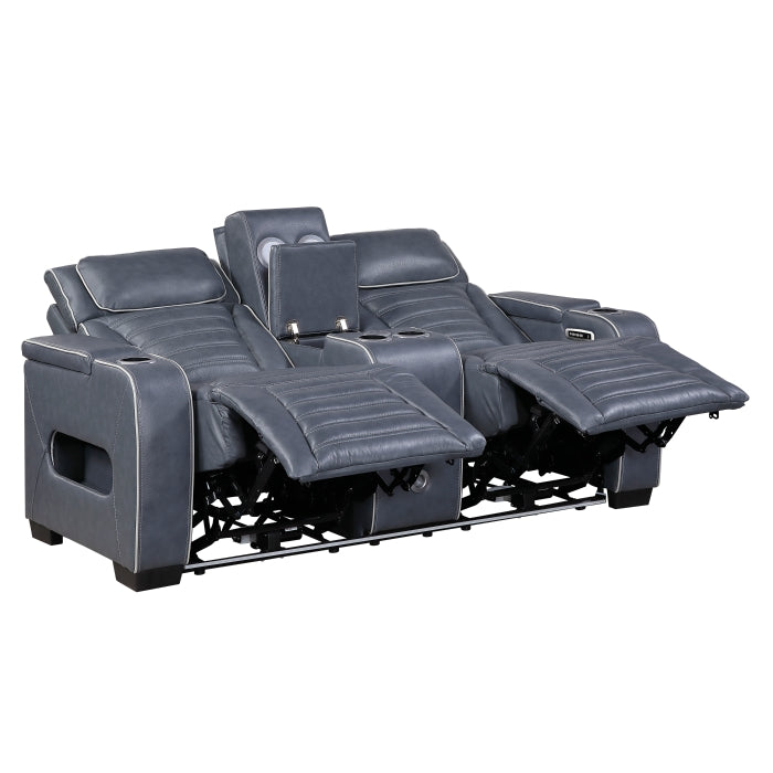 8344BUE-2PWHM Power Double Reclining Love Seat with Center Console, Power Headrests, Storage Arms(Top and Side) ,Cup Holders, Wireless Speakers with Sub-Woofer, Air Massage, Heat, LED Lighting and Charging Ports - 8344BUE-2PWHM