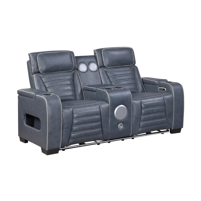 8344BUE-2PWHM Power Double Reclining Love Seat with Center Console, Power Headrests, Storage Arms(Top and Side) ,Cup Holders, Wireless Speakers with Sub-Woofer, Air Massage, Heat, LED Lighting and Charging Ports - 8344BUE-2PWHM