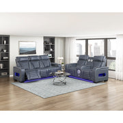 8344BUE-2PWHM Power Double Reclining Love Seat with Center Console, Power Headrests, Storage Arms(Top and Side) ,Cup Holders, Wireless Speakers with Sub-Woofer, Air Massage, Heat, LED Lighting and Charging Ports - 8344BUE-2PWHM