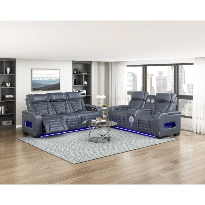 8344BUE-2PWHM Power Double Reclining Love Seat with Center Console, Power Headrests, Storage Arms(Top and Side) ,Cup Holders, Wireless Speakers with Sub-Woofer, Air Massage, Heat, LED Lighting and Charging Ports - 8344BUE-2PWHM