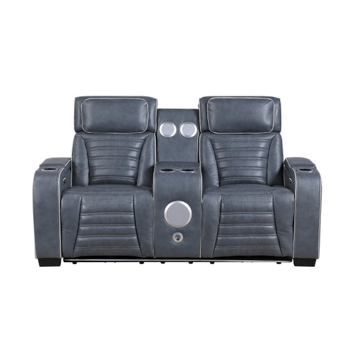 8344BUE-2PWHM Power Double Reclining Love Seat with Center Console, Power Headrests, Storage Arms(Top and Side) ,Cup Holders, Wireless Speakers with Sub-Woofer, Air Massage, Heat, LED Lighting and Charging Ports - 8344BUE-2PWHM