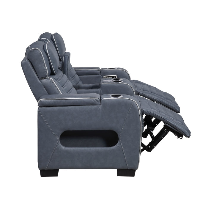 8344BUE-2PWHM Power Double Reclining Love Seat with Center Console, Power Headrests, Storage Arms(Top and Side) ,Cup Holders, Wireless Speakers with Sub-Woofer, Air Massage, Heat, LED Lighting and Charging Ports - 8344BUE-2PWHM