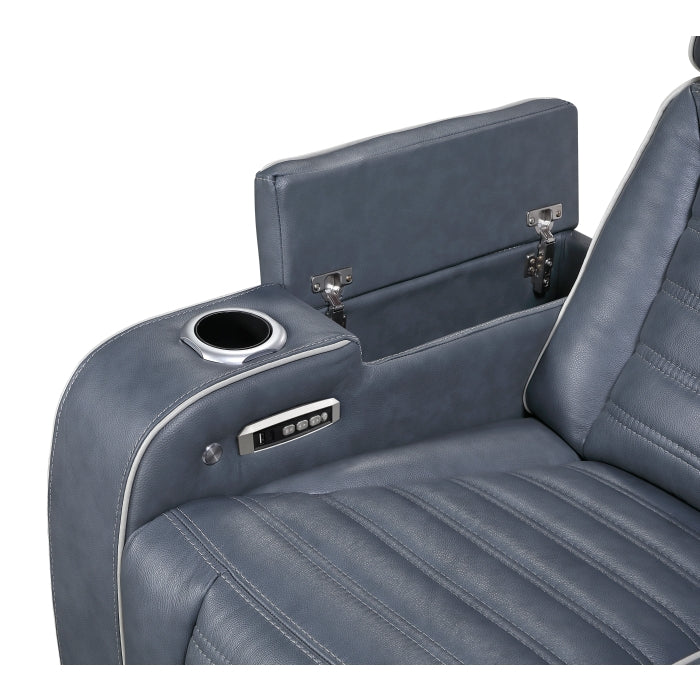 8344BUE-2PWHM Power Double Reclining Love Seat with Center Console, Power Headrests, Storage Arms(Top and Side) ,Cup Holders, Wireless Speakers with Sub-Woofer, Air Massage, Heat, LED Lighting and Charging Ports - 8344BUE-2PWHM