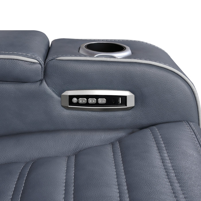 8344BUE-2PWHM Power Double Reclining Love Seat with Center Console, Power Headrests, Storage Arms(Top and Side) ,Cup Holders, Wireless Speakers with Sub-Woofer, Air Massage, Heat, LED Lighting and Charging Ports - 8344BUE-2PWHM