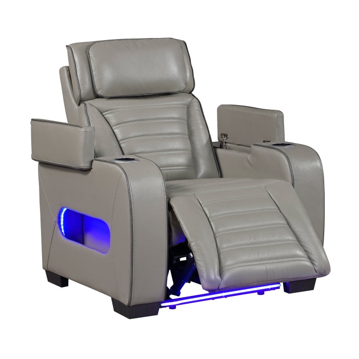 8344GRY-1PWHM Power Reclining Chair with Power Headrest, Cup holder, Storage Arms(Top and Side), Air Massage, Heat, LED Lighting and Charging Ports - 8344GRY-1PWHM