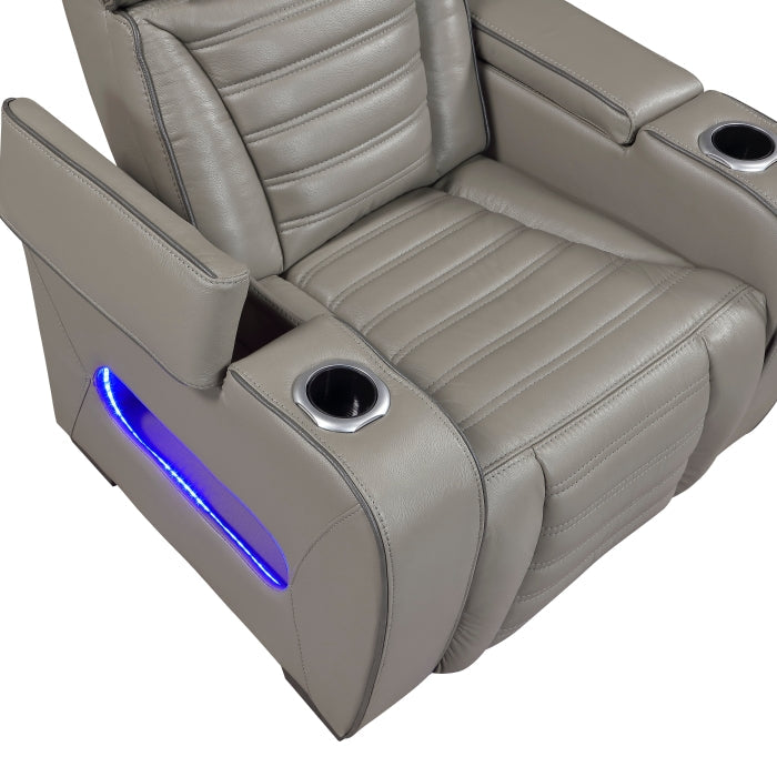 8344GRY-1PWHM Power Reclining Chair with Power Headrest, Cup holder, Storage Arms(Top and Side), Air Massage, Heat, LED Lighting and Charging Ports - 8344GRY-1PWHM