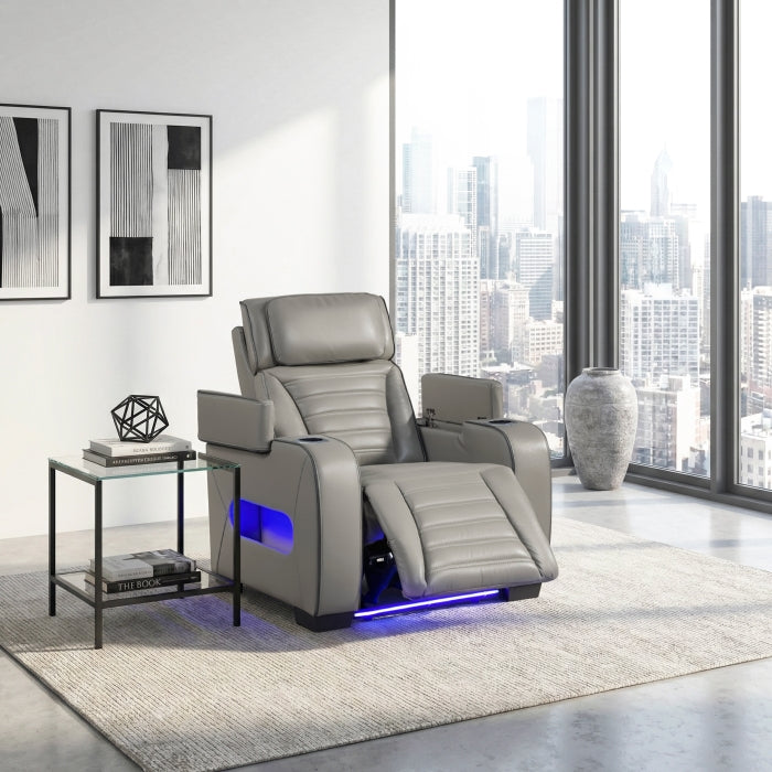 8344GRY-1PWHM Power Reclining Chair with Power Headrest, Cup holder, Storage Arms(Top and Side), Air Massage, Heat, LED Lighting and Charging Ports - 8344GRY-1PWHM