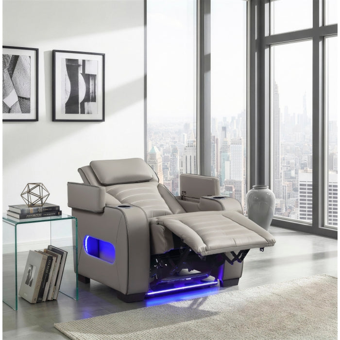8344GRY-1PWHM Power Reclining Chair with Power Headrest, Cup holder, Storage Arms(Top and Side), Air Massage, Heat, LED Lighting and Charging Ports - 8344GRY-1PWHM