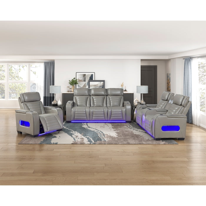 8344GRY-2PWHM Power Double Reclining Love Seat with Center Console, Power Headrests, Storage Arms(Top and Side) ,Cup Holders, Wireless Speakers with Sub-Woofer, Air Massage, Heat, LED Lighting and Charging Ports - 8344GRY-2PWHM