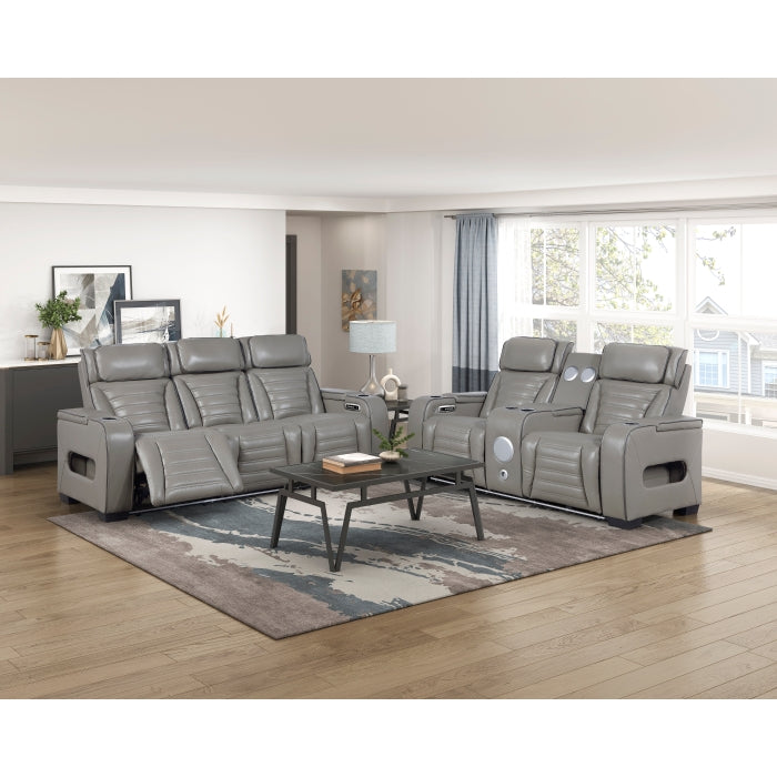 8344GRY-2PWHM Power Double Reclining Love Seat with Center Console, Power Headrests, Storage Arms(Top and Side) ,Cup Holders, Wireless Speakers with Sub-Woofer, Air Massage, Heat, LED Lighting and Charging Ports - 8344GRY-2PWHM
