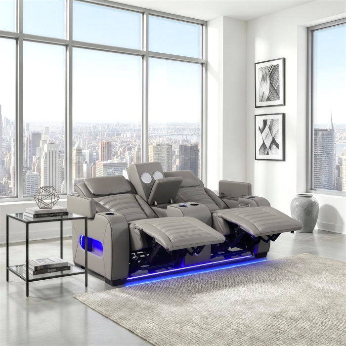 8344GRY-2PWHM Power Double Reclining Love Seat with Center Console, Power Headrests, Storage Arms(Top and Side) ,Cup Holders, Wireless Speakers with Sub-Woofer, Air Massage, Heat, LED Lighting and Charging Ports - 8344GRY-2PWHM