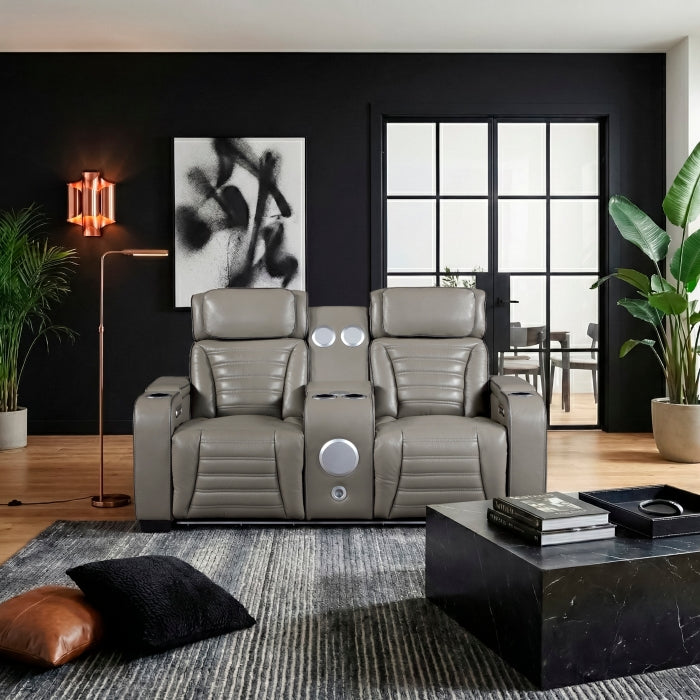 8344GRY-2PWHM Power Double Reclining Love Seat with Center Console, Power Headrests, Storage Arms(Top and Side) ,Cup Holders, Wireless Speakers with Sub-Woofer, Air Massage, Heat, LED Lighting and Charging Ports - 8344GRY-2PWHM