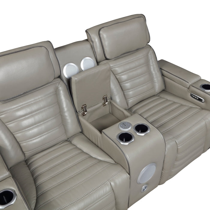 8344GRY-2PWHM Power Double Reclining Love Seat with Center Console, Power Headrests, Storage Arms(Top and Side) ,Cup Holders, Wireless Speakers with Sub-Woofer, Air Massage, Heat, LED Lighting and Charging Ports - 8344GRY-2PWHM