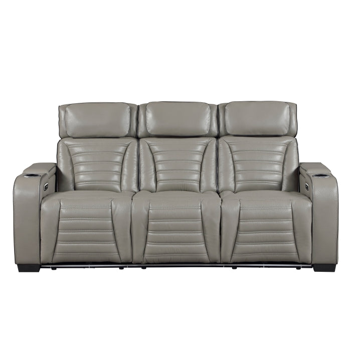 8344GRY-3PWHM Power Double Reclining Sofa with Center Drop-Down Cup Holders, Power Headrests,  Storage Arms(Top and Side) ,Cup holders, Reading Lights, Wireless Charger, Air Massage, Heat,  LED Lighting and Charging Ports - 8344GRY-3PWHM