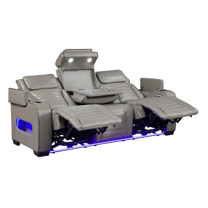 8344GRY-3PWHM Power Double Reclining Sofa with Center Drop-Down Cup Holders, Power Headrests,  Storage Arms(Top and Side) ,Cup holders, Reading Lights, Wireless Charger, Air Massage, Heat,  LED Lighting and Charging Ports - 8344GRY-3PWHM