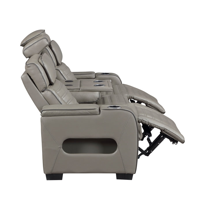 8344GRY-3PWHM Power Double Reclining Sofa with Center Drop-Down Cup Holders, Power Headrests,  Storage Arms(Top and Side) ,Cup holders, Reading Lights, Wireless Charger, Air Massage, Heat,  LED Lighting and Charging Ports - 8344GRY-3PWHM