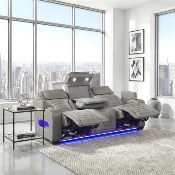 8344GRY-3PWHM Power Double Reclining Sofa with Center Drop-Down Cup Holders, Power Headrests,  Storage Arms(Top and Side) ,Cup holders, Reading Lights, Wireless Charger, Air Massage, Heat,  LED Lighting and Charging Ports - 8344GRY-3PWHM