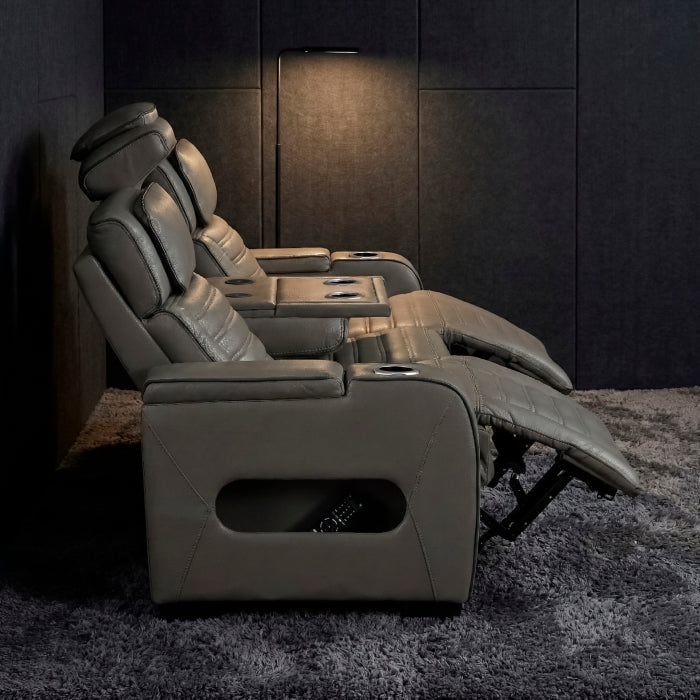 8344GRY-3PWHM Power Double Reclining Sofa with Center Drop-Down Cup Holders, Power Headrests,  Storage Arms(Top and Side) ,Cup holders, Reading Lights, Wireless Charger, Air Massage, Heat,  LED Lighting and Charging Ports - 8344GRY-3PWHM