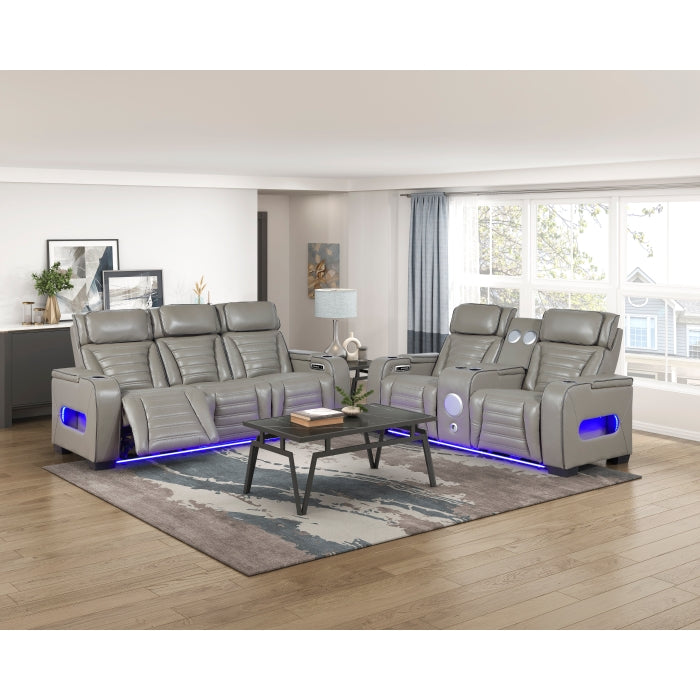 8344GRY-3PWHM Power Double Reclining Sofa with Center Drop-Down Cup Holders, Power Headrests,  Storage Arms(Top and Side) ,Cup holders, Reading Lights, Wireless Charger, Air Massage, Heat,  LED Lighting and Charging Ports - 8344GRY-3PWHM