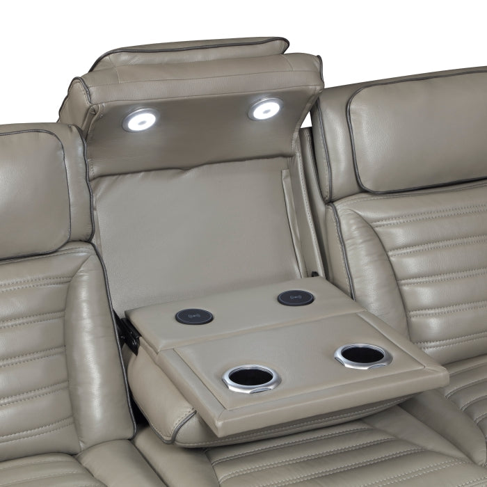 8344GRY-3PWHM Power Double Reclining Sofa with Center Drop-Down Cup Holders, Power Headrests,  Storage Arms(Top and Side) ,Cup holders, Reading Lights, Wireless Charger, Air Massage, Heat,  LED Lighting and Charging Ports - 8344GRY-3PWHM