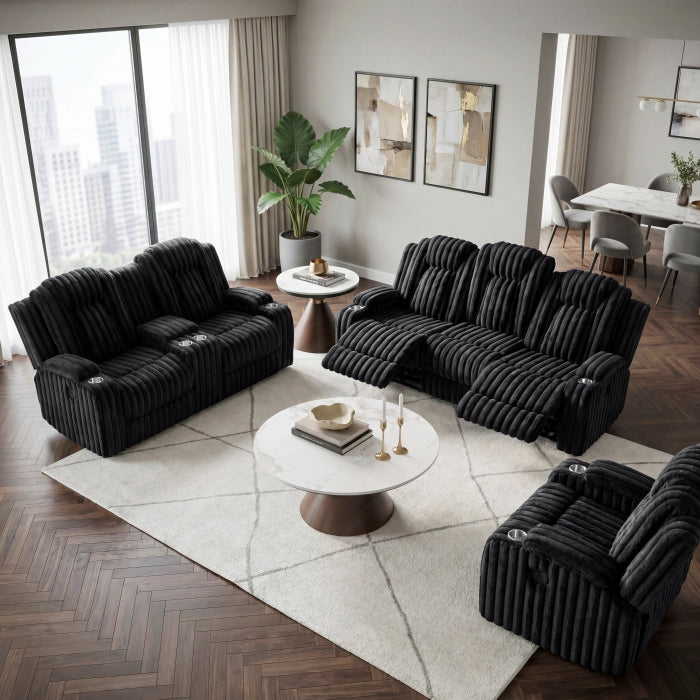 8348BLK-3 Double Reclining Sofa with Cup Holders - 8348BLK-3