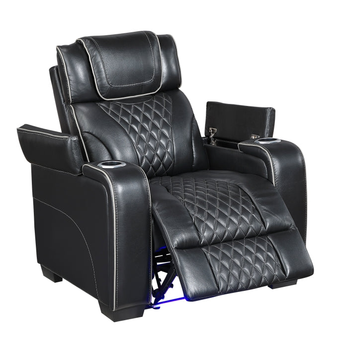 8449BK-1PWHM Power Reclining Chair with Power Headrest, Storage Arms with Cup Holders, Air Massage and Heat, LED Lighting and Charging Ports - 8449BK-1PWHM