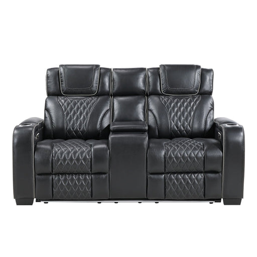8449BK-2PWHM Power Double Reclining Love Seat with Center Console, Power Headrests, Storage Arms with Cup Holders, Wireless charger,  Air Massage and Heat, LED Lighting and Charging Ports - 8449BK-2PWHM
