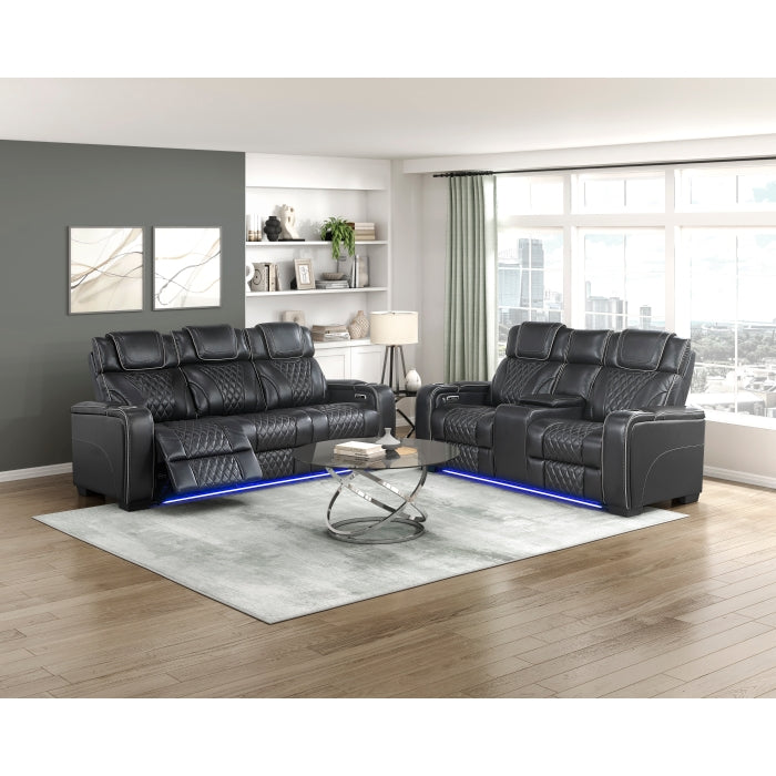 8449BK-2PWHM Power Double Reclining Love Seat with Center Console, Power Headrests, Storage Arms with Cup Holders, Wireless charger,  Air Massage and Heat, LED Lighting and Charging Ports - 8449BK-2PWHM