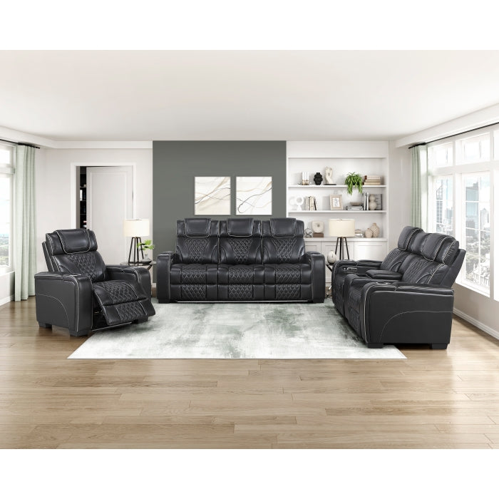 8449BK-2PWHM Power Double Reclining Love Seat with Center Console, Power Headrests, Storage Arms with Cup Holders, Wireless charger,  Air Massage and Heat, LED Lighting and Charging Ports - 8449BK-2PWHM