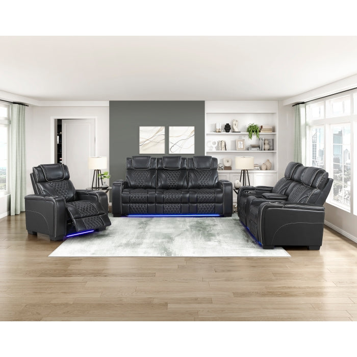 8449BK-2PWHM Power Double Reclining Love Seat with Center Console, Power Headrests, Storage Arms with Cup Holders, Wireless charger,  Air Massage and Heat, LED Lighting and Charging Ports - 8449BK-2PWHM