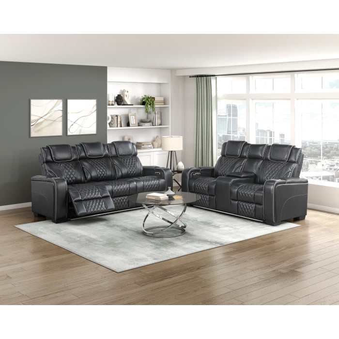 8449BK-3PWHM Power Double Reclining Sofa with Center Drop-Down Cup Holders, Power Headrests, Storage Arms with Cup holders, Reading Lights, Wireless Charger, Air Massage and Heat, LED Lighting and Charging Ports - 8449BK-3PWHM