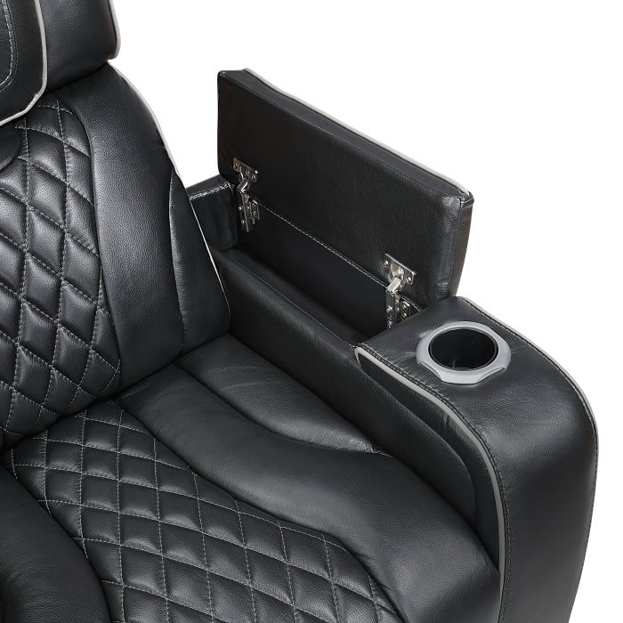 8449BK-3PWHM Power Double Reclining Sofa with Center Drop-Down Cup Holders, Power Headrests, Storage Arms with Cup holders, Reading Lights, Wireless Charger, Air Massage and Heat, LED Lighting and Charging Ports - 8449BK-3PWHM