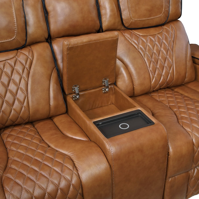 8449BR-2PWHM Power Double Reclining Love Seat with Center Console, Power Headrests, Storage Arms with Cup Holders, Wireless charger,  Air Massage and Heat, LED Lighting and Charging Ports - 8449BR-2PWHM