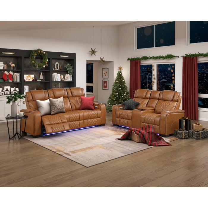 8449BR-2PWHM Power Double Reclining Love Seat with Center Console, Power Headrests, Storage Arms with Cup Holders, Wireless charger,  Air Massage and Heat, LED Lighting and Charging Ports - 8449BR-2PWHM